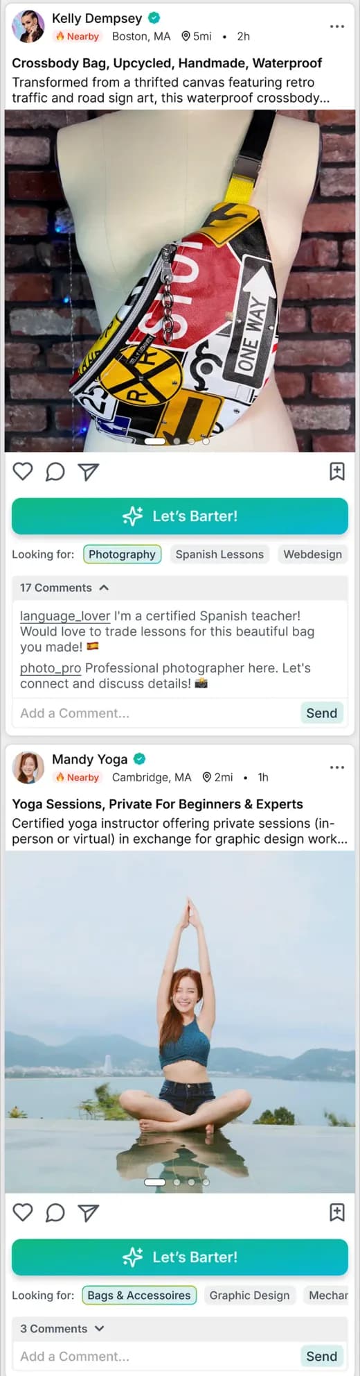 A preview of the Barterloo app feed showing goods and services available to barter